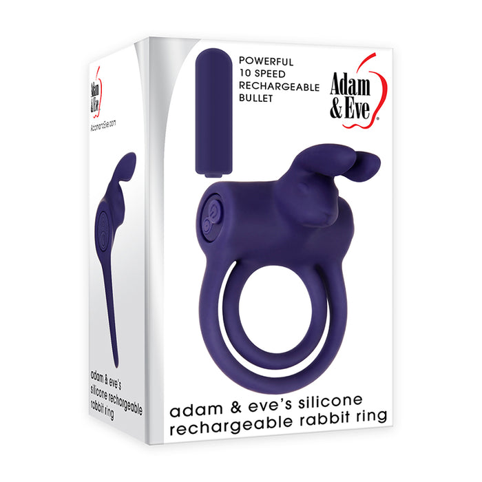 Adam And Eve Rechargeable Silicone Rabbit Cockring In Blue | Couples Toy | Ten Vibrating Speeds And Functions | Waterproof And Submersible