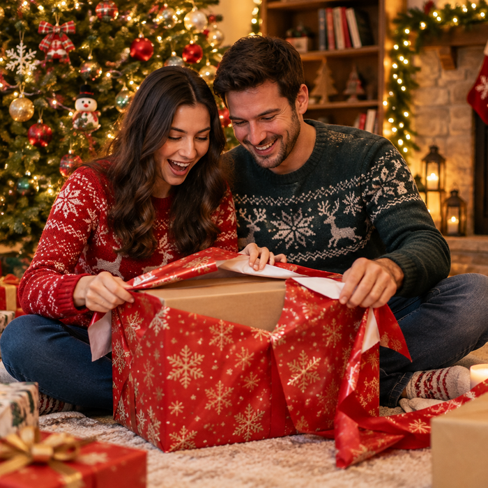 Hottest sex toys to gift for Christmas 2026, Couple opening a present in front of a Christmas tree