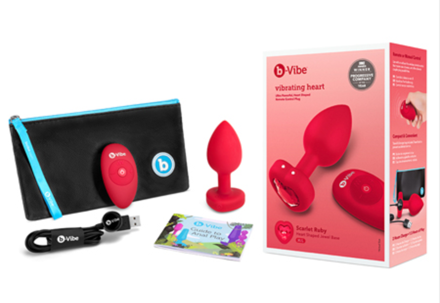 B-Vibe Vibrating Heart Rechargeable Remote-Controlled Anal Plug with Heart-Shaped Jewel Base M/L Red