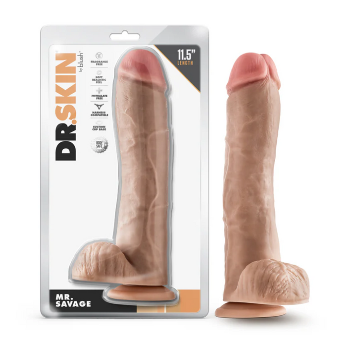 Dr. Skin Mr. Savage Realistic 11.5 in. Dildo with Balls Beige