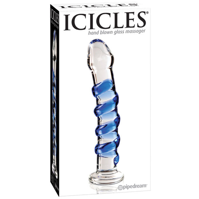 Pipedream Icicles No. 5 Curved Ribbed 7 in. Glass Dildo Blue/Clear