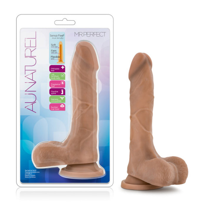 Blush Au Naturel Mister Perfect 8.5 in. Posable Dual Density Dildo with Balls & Suction Cup Tan