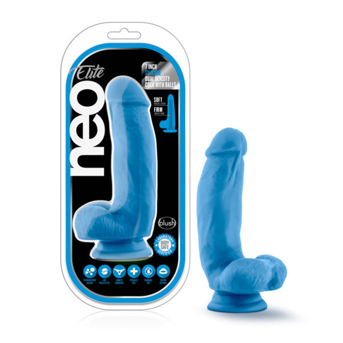 Blush Neo Elite 7 in. Silicone Dual Density Dildo with Balls & Suction Cup Neon Blue
