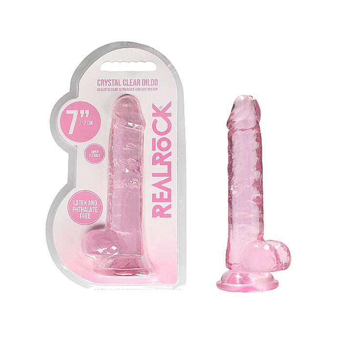 RealRock Crystal Clear Realistic 7 in. Dildo With Balls and Suction Cup Pink