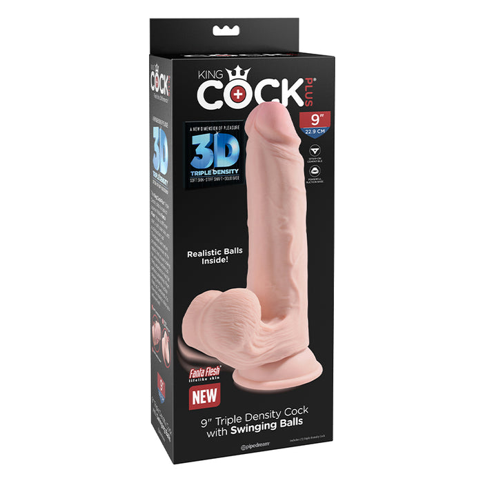 Pipedream King Cock Plus 9 in. Triple Density Cock With Swinging Balls Realistic Suction Cup Dildo Beige