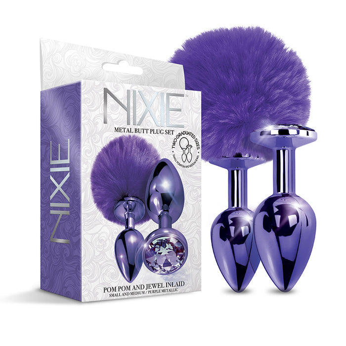 NIXIE Metal Butt Plug Set Pom Pom and Jewel-Inlaid Metallic Purple | Anal Kit