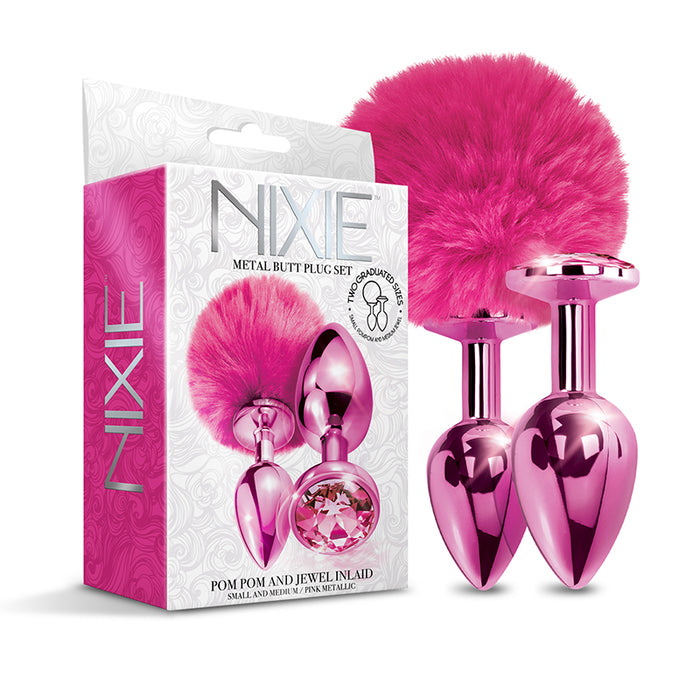 NIXIE Metal Butt Plug Set Pom Pom and Jewel-Inlaid Metallic Pink | Butt Plug Kit