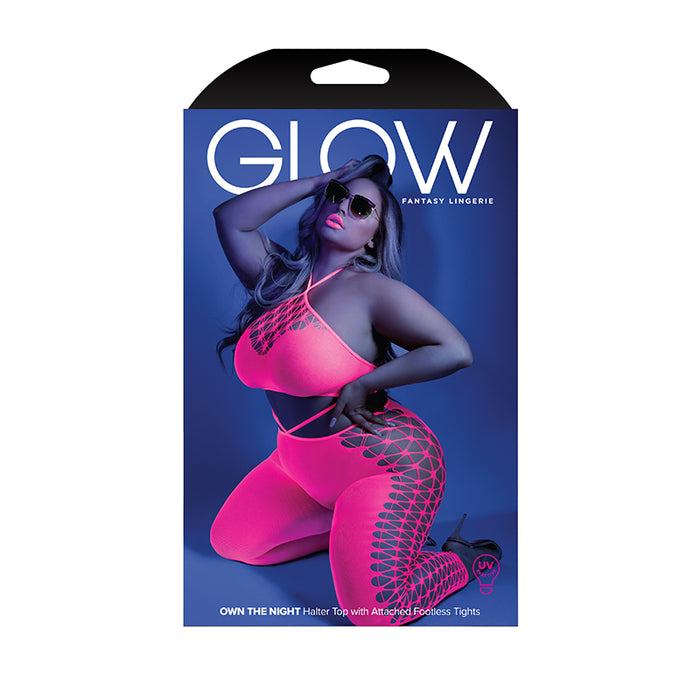 Fantasy Lingerie Glow Own The Night Cropped Cut-Out Halter Bodystocking Neon Pink Queen Size