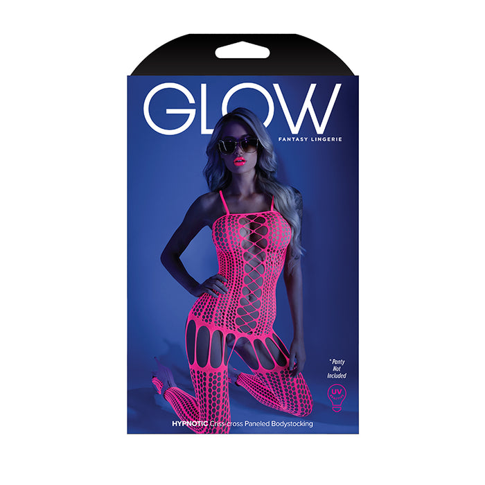 Fantasy Lingerie Glow Hypnotic Criss-Cross Paneled Bodystocking Neon Pink O/S