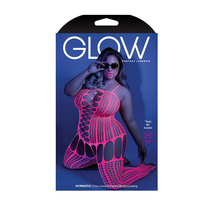 Fantasy Lingerie Glow Hypnotic Criss-Cross Paneled Bodystocking Neon Pink Queen Size