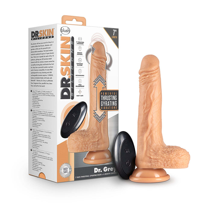 Blush Dr. Skin Silicone Dr. Grey Rechargeable Remote-Controlled 7 in. Thumping Dildo with Balls & Suction Cup