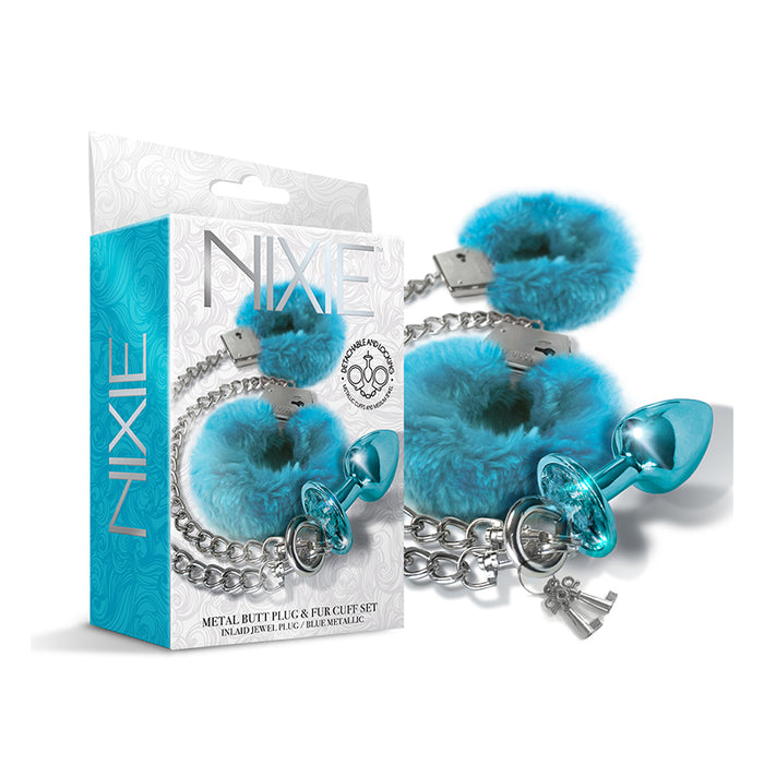 Nixie Metal Butt Plug & Furry Handcuff Set Medium Blue Metallic | Kink