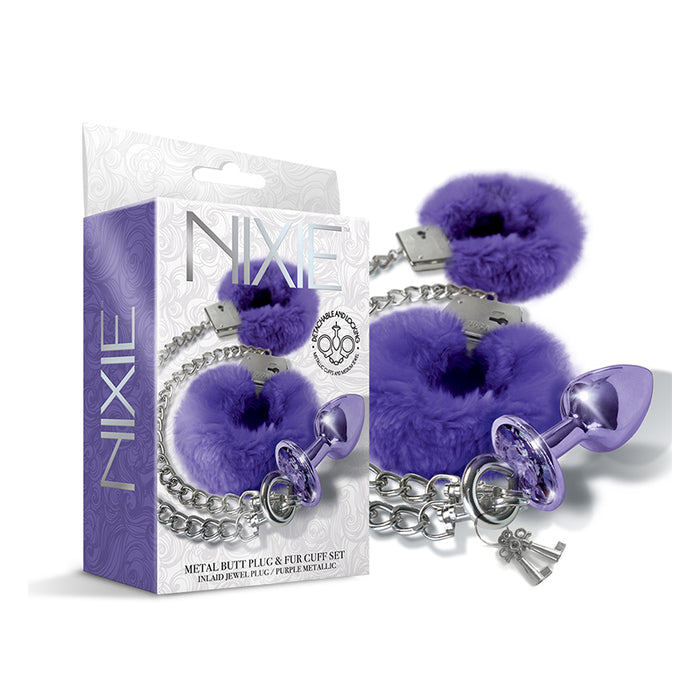 Nixie Metal Butt Plug & Furry Handcuff Set Medium Purple Metallic | Kinky