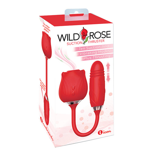 Wild Rose Waterproof Thruster Vibrator | Red In Color | Rechargeable Silicone Suction | Almost Twelve Inches In Length | Two Independent Motors On Each End | Ten Unique Thrusting Patterns | Ten Unique Air-Pulsation Patterns