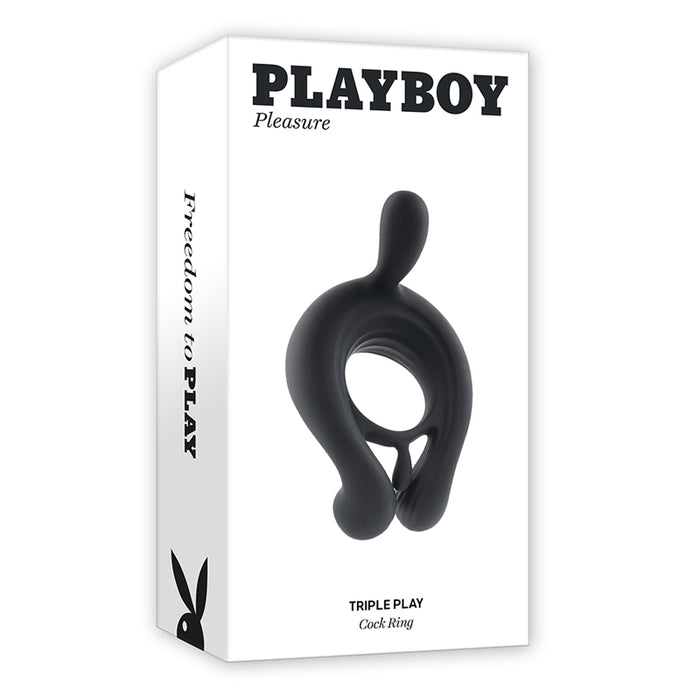 Playboy Triple Play Rechargeable Remote Controlled Vibrating Silicone Cockring with Stimulator Black