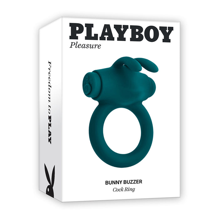 Playboy Bunny Buzzer Rechargeable Vibrating Silicone Cockring with Stimulator Deep Teal