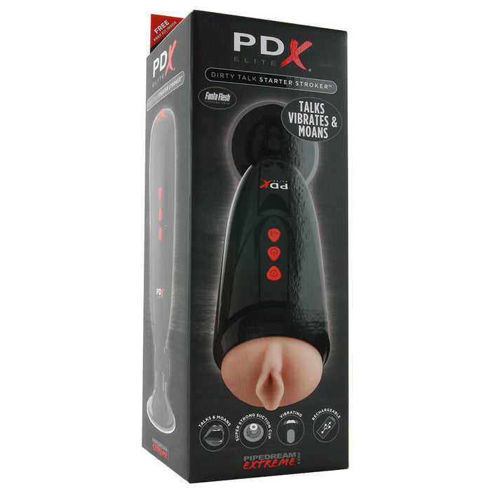 PDX Elite Dirty Talk Rechargeable Vibrating Starter Stroker With Hands-Free Suction Cup Beige/Black