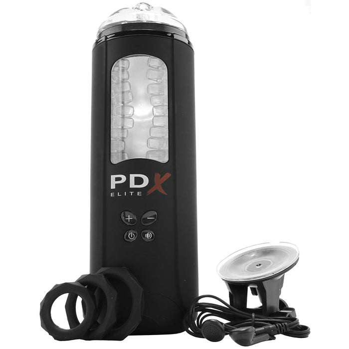 PDX Elite Ultimate Milker Rechargeable Gyrating Suction Stroker With Audio and Hands-Free Suction Cup Clear/Black