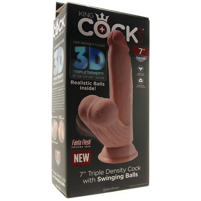 Pipedream King Cock Plus 7 in. Triple Density Cock With Swinging Balls Realistic Suction Cup Dildo Beige