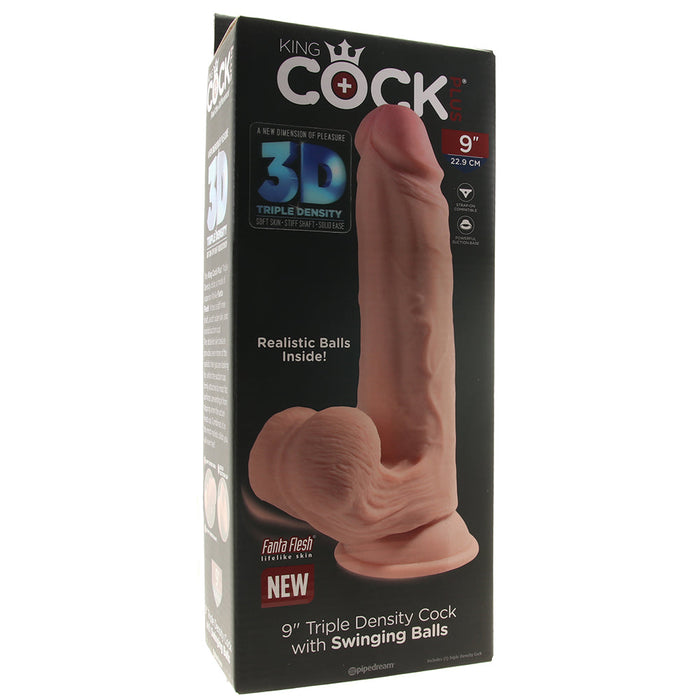 Pipedream King Cock Plus 9 in. Triple Density Cock With Swinging Balls Realistic Suction Cup Dildo Beige